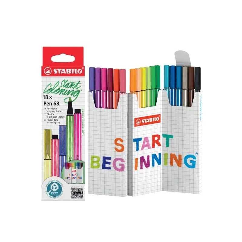Stabilo Pen 68 Pack de 18 marqueurs à pointe fibre - Course de 1 mm environ. - Encre à base d'eau - Couleurs assorties