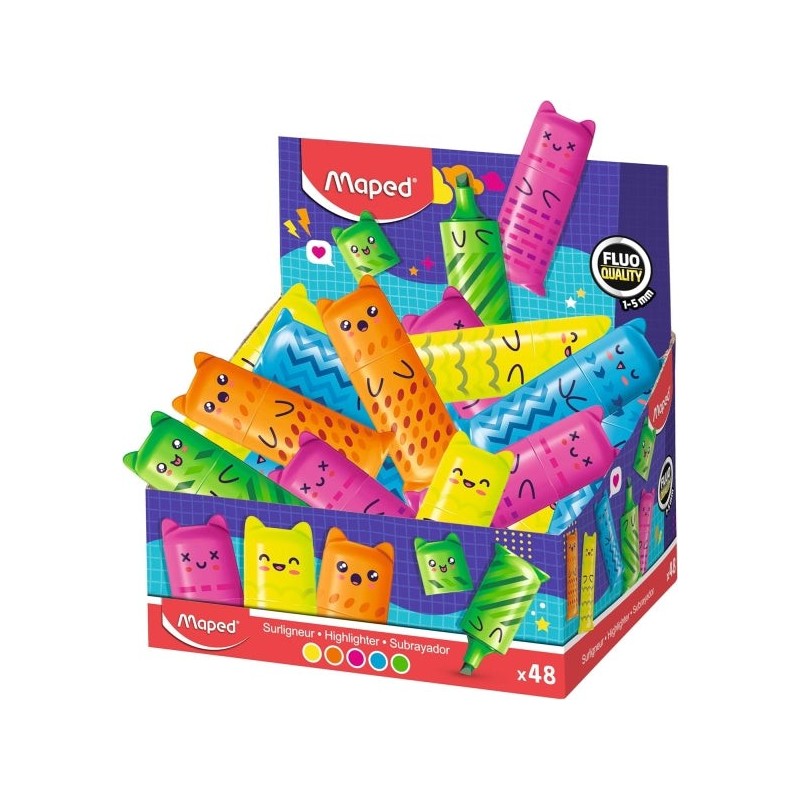 Maped Kawaii Expositor con 48 Mini Marcadores Fluorescentes Neon - Divertidos Diseños Kawaii - Trazo de 1 a 5mm - Ideal para
