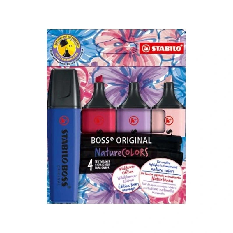Stabilo Boss Naturecolors Wildflower Edition Pack of 4 Markers - Stroke between 2 and 5mm - Water-Based Ink - Colors Navy Blue