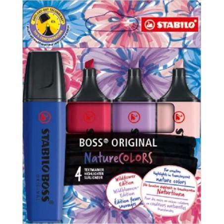 Stabilo Boss Naturecolors Wildflower Edition Pack of 4 Markers - Stroke between 2 and 5mm - Water-Based Ink - Colors Navy Blue