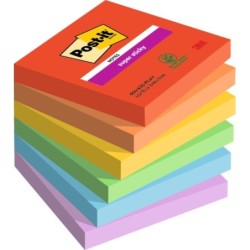 Post-It Super Sticky Pack com 6 Blocos de 90 Notas Autoadesivas Reposicionáveis ​​- Formato Quadrado - 76x76mm - Cores Sortidas
