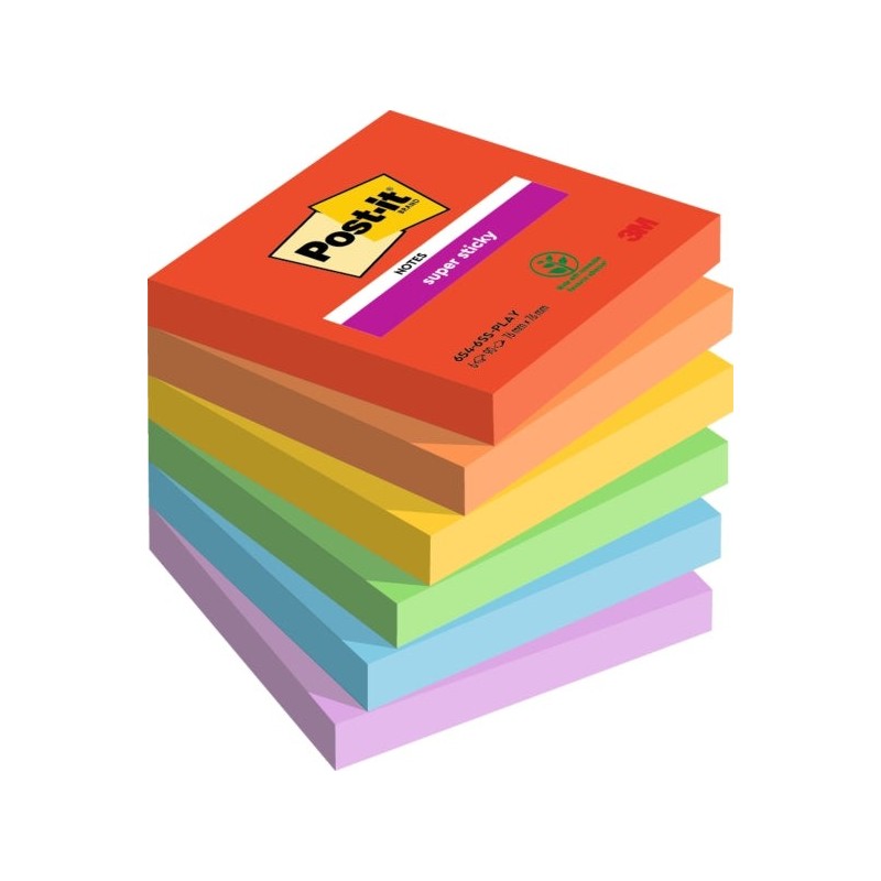 Post-It Super Sticky Pack com 6 Blocos de 90 Notas Autoadesivas Reposicionáveis ​​- Formato Quadrado - 76x76mm - Cores Sortidas