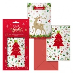 Dohe Caramelo Pacote de 8 Cartões de Natal com Envelope - 2 Modelos Diferentes - Tamanho 12,2x23,5cm - Papel Offset - Impresso