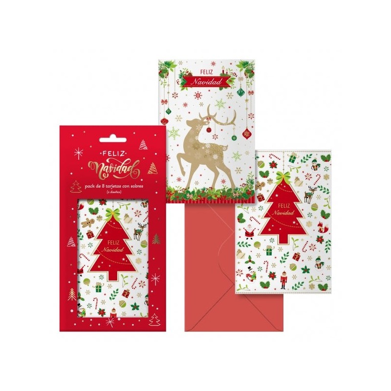 Dohe Caramelo Pacote de 8 Cartões de Natal com Envelope - 2 Modelos Diferentes - Tamanho 12,2x23,5cm - Papel Offset - Impresso