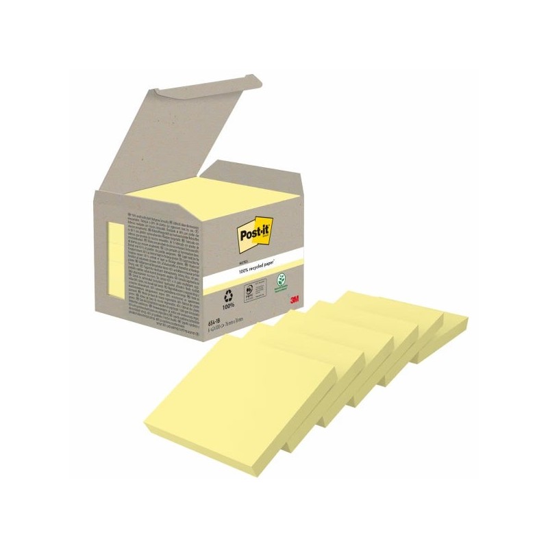 Post-It Pack of 6 Pads of 100 Recycled Sticky Notes - Square Shape - 76x76mm - Light Yellow Color
