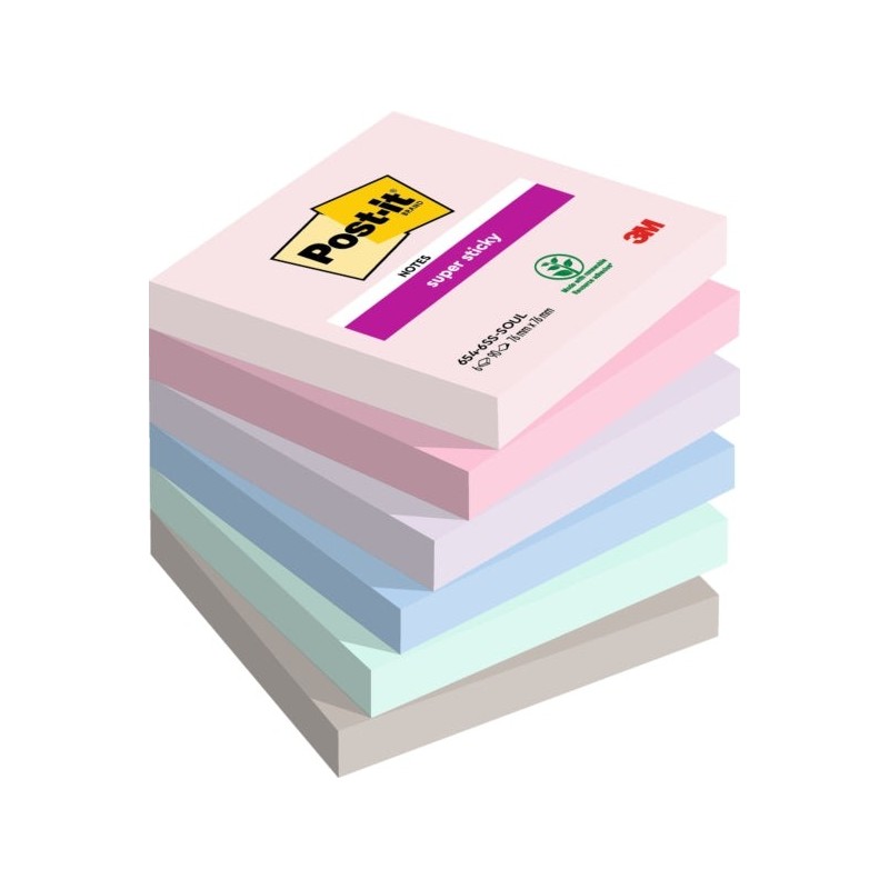 Pacote Post-It Super Sticky de 6 blocos de 90 notas adesivas reposicionáveis ​​- formato quadrado - 76x76mm - cores sortidas