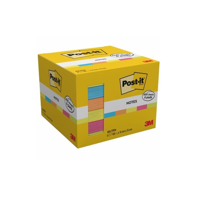 Pacote Post-It de 6 Blocos de 100 Notas Autoadesivas Reposicionáveis ​​- Formato Quadrado - 76x76mm - Cores Sortidas