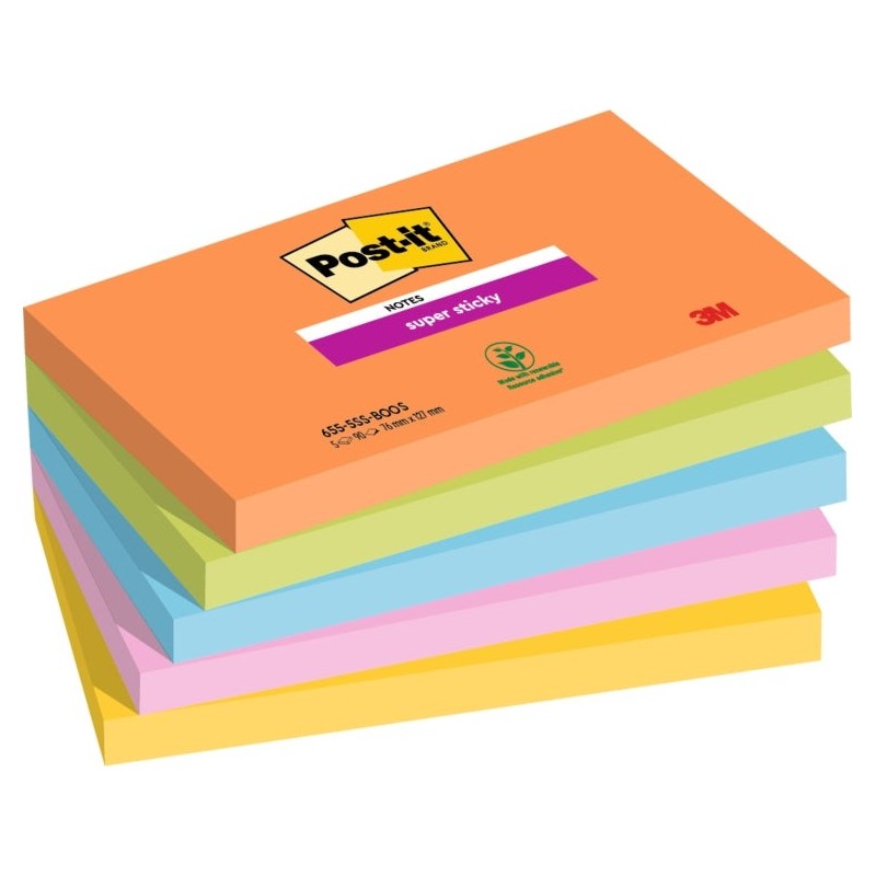Post-It Super Sticky Pack de 5 Blocos de 90 Notas Autoadesivas Reposicionáveis ​​- Formato Retangular - 127x76mm - Cores