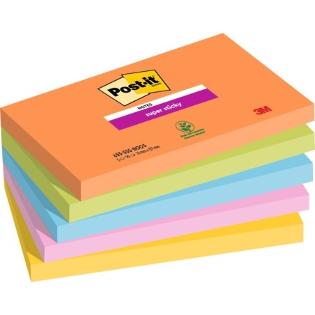 Post-It Super Sticky Pack de 5 Blocos de 90 Notas Autoadesivas Reposicionáveis ​​- Formato Retangular - 127x76mm - Cores