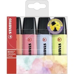 Stabilo Boss 70 Pastel Pack de 4 Marqueurs Fluorescents - Trait entre 2 et 5mm - Rechargeable - Encre à Base d'Eau - Couleurs