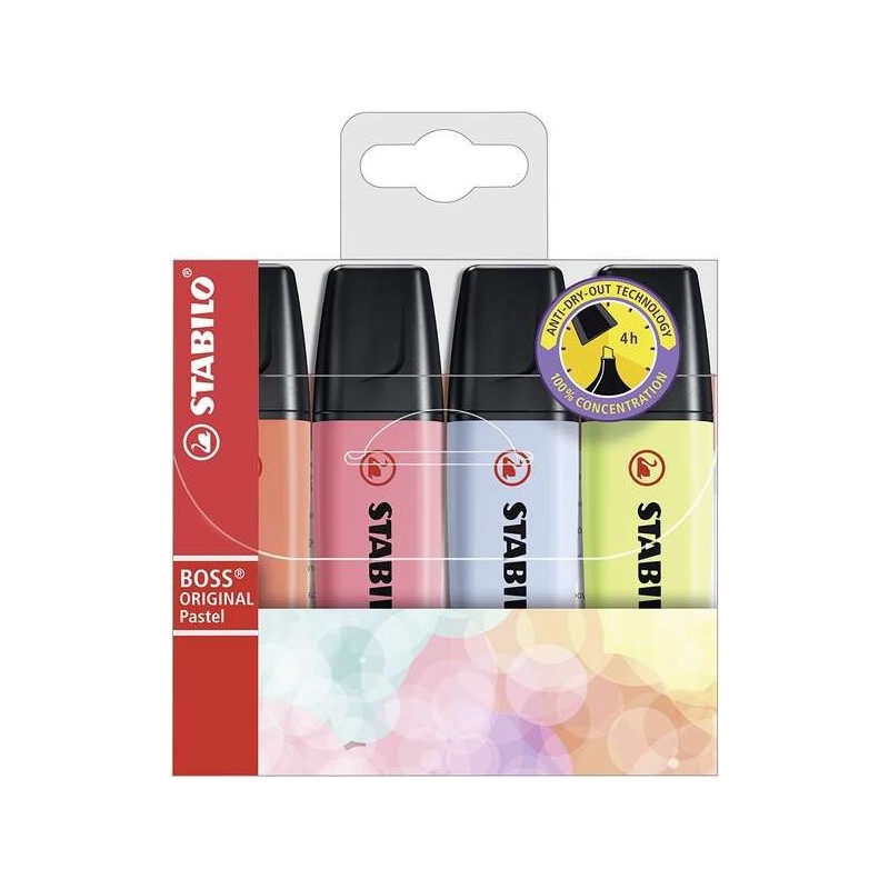 Stabilo Boss 70 Pastel Pacote de 4 Marcadores Fluorescentes - Linha entre 2 e 5mm - Recarregável - Tinta à base de água - Cores