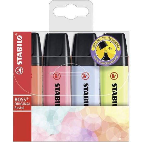 Stabilo Boss 70 Pastel Pacote de 4 Marcadores Fluorescentes - Linha entre 2 e 5mm - Recarregável - Tinta à base de água - Cores