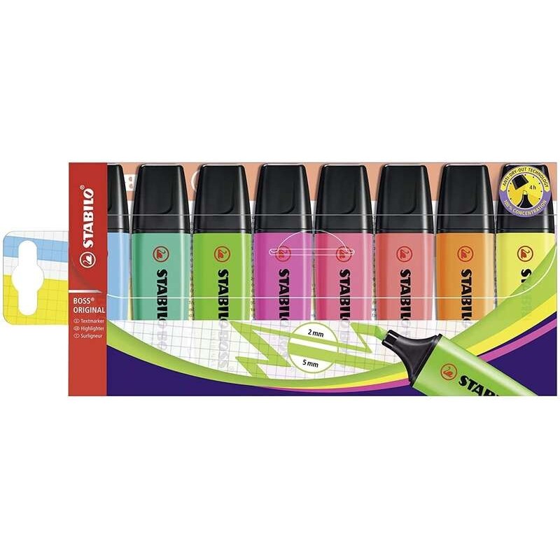 Stabilo Boss 70 Pack of 8 Fluorescent Markers - Line between 2 and 5mm - Refillable - Water-Based Ink - Assorted Colors