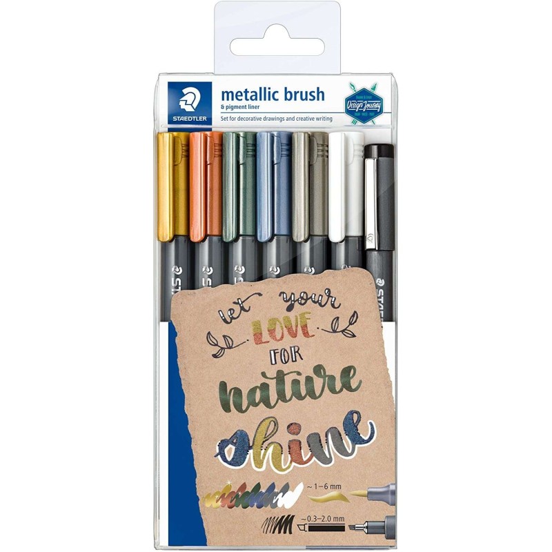 Staedtler Metallic Brush Pack of 7 Brush Tip Markers - Water-Based Ink - Approx. 1-6mm Line - Assorted Colours
