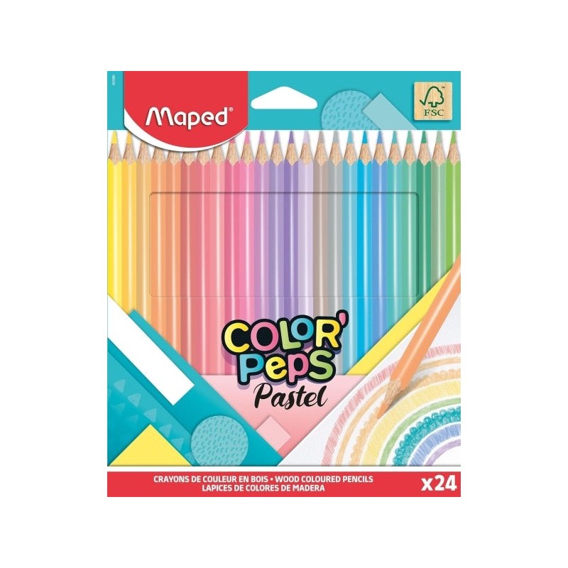 Maped Color´Peps Pastel Pack de 24 Lapices de Colores Triangulares - Mina Suave - Madera Certificada FSC - Colores Pastel