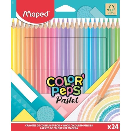 Maped Color´Peps Pastel Pack de 24 Crayons de Couleur Triangulaires - Mine Souple - Bois Certifié FSC - Couleurs Pastel