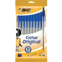 Bic Cristal Original Pack of 10 Ballpoint Pens - 1.0mm Round Tip - 0.4mm Line - Oil-Based Ink - Blue