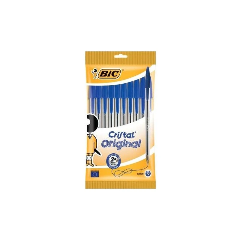 Bic Cristal Original Pack de 10 Stylos à Bille - Pointe Ronde de 1.0mm - Trait 0.4mm - Encre à Base d'Huile - Couleur Bleu