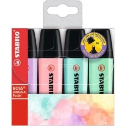 Stabilo Boss 70 Pastel Pack of 4 Fluorescent Marker Pens - Line between 2 and 5mm - Refillable - Water-Based Ink - Assorted