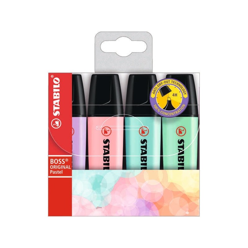 Stabilo Boss 70 Pastel Pack de 4 Rotuladores Marcadores Fluorescentes - Trazo entre 2 y 5mm - Recargable - Tinta con Base de