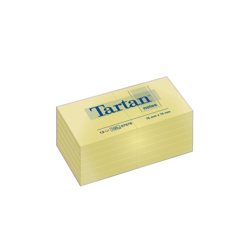 Tartan Pack de 12 Blocs de 100 Notas Adhesivas Reposicionables - 76x76mm - 100% PEFC - Color Amarillo Claro