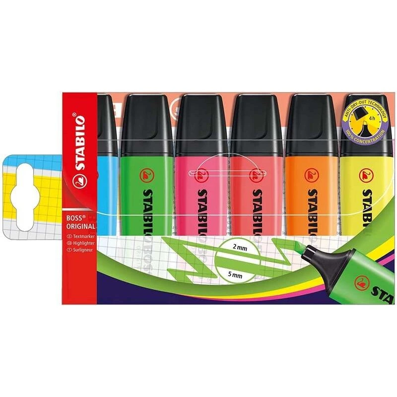 Stabilo Boss 70 Pack of 6 Fluorescent Markers - Line between 2 and 5mm - Refillable - Water-Based Ink - Assorted Colors