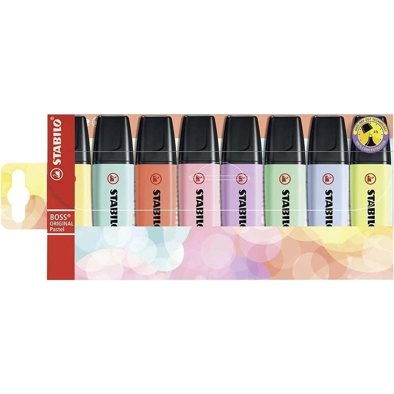 Stabilo Boss 70 Pastel Pack de 8 Marqueurs Fluorescents - Trait entre 2 et 5mm - Rechargeable - Encre à Base d'Eau - Couleurs