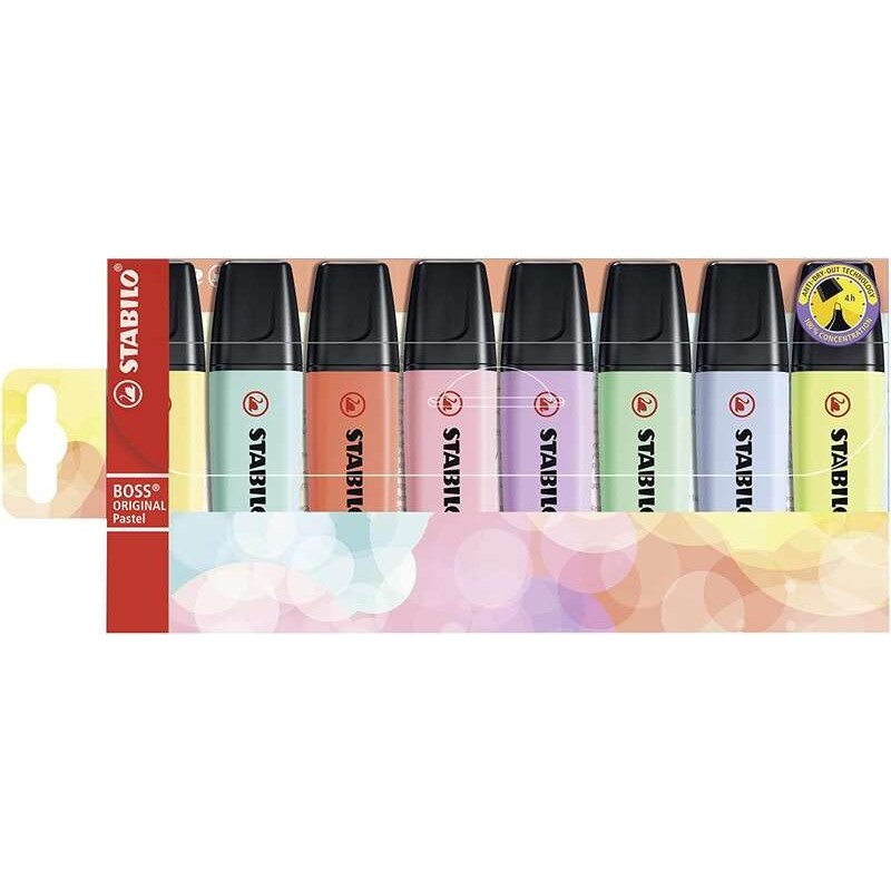 Stabilo Boss 70 Pastel Pack of 8 Fluorescent Markers - Line between 2 and 5mm - Refillable - Water-Based Ink - Assorted Colors