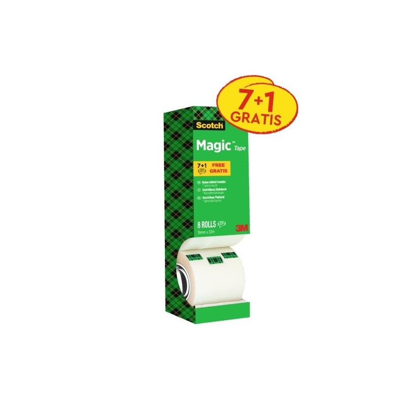 Scotch Magic Pack Ahorro de 8 Rollos de Cinta Adhesiva Invisible 19mm x 33m - Color Transparente