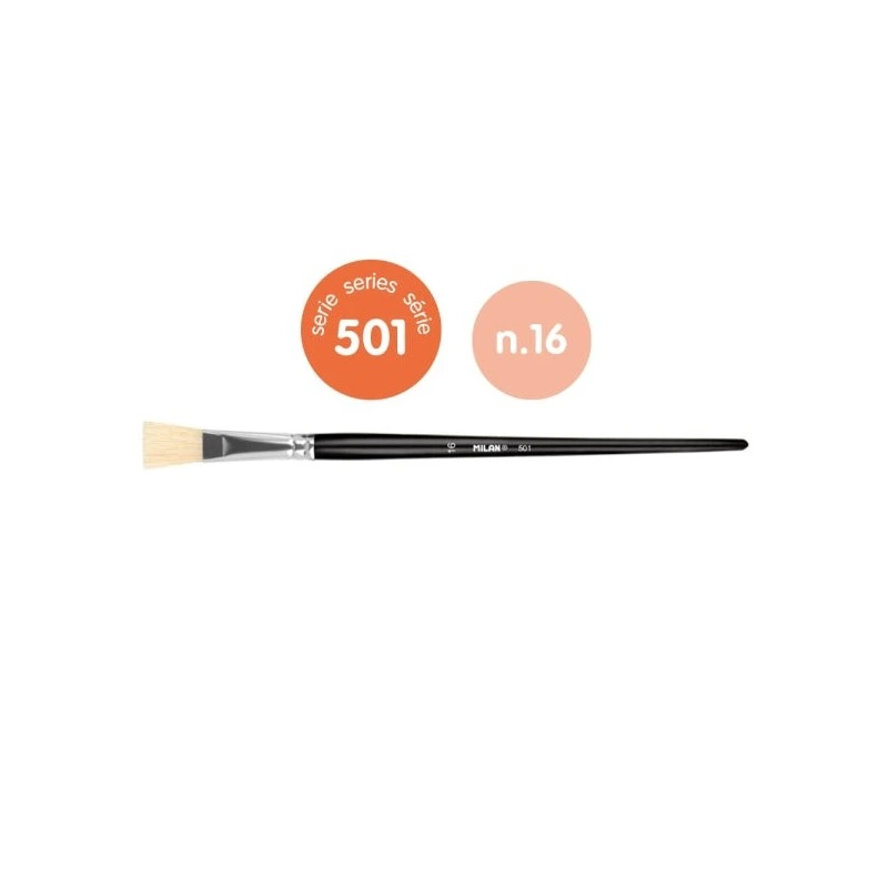 Milan 501 Pack de 4 Pinceles Planos Numero 16 - Bolsa con Colgador - Cerda Natural - Color Negro