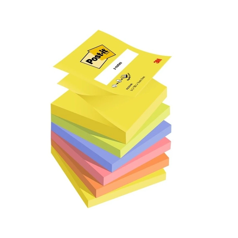 Pacote Post-It de 6 Blocos de 100 Z-Notes Adesivos Reposicionáveis ​​76x76mm - Formato Quadrado - Cores Sortidas