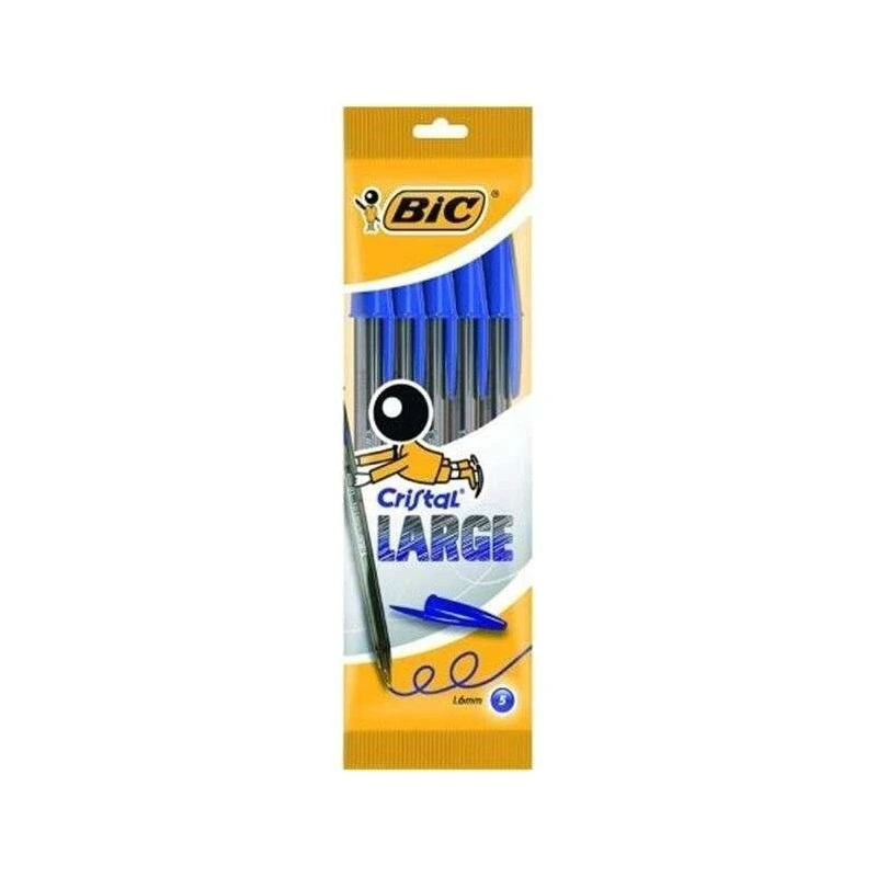 Bic Cristal Large Pack de 5 Stylos à Bille - Pointe Ronde de 1.6mm - Trait 0.6mm - Encre à Base d'Huile - Couleur Bleu