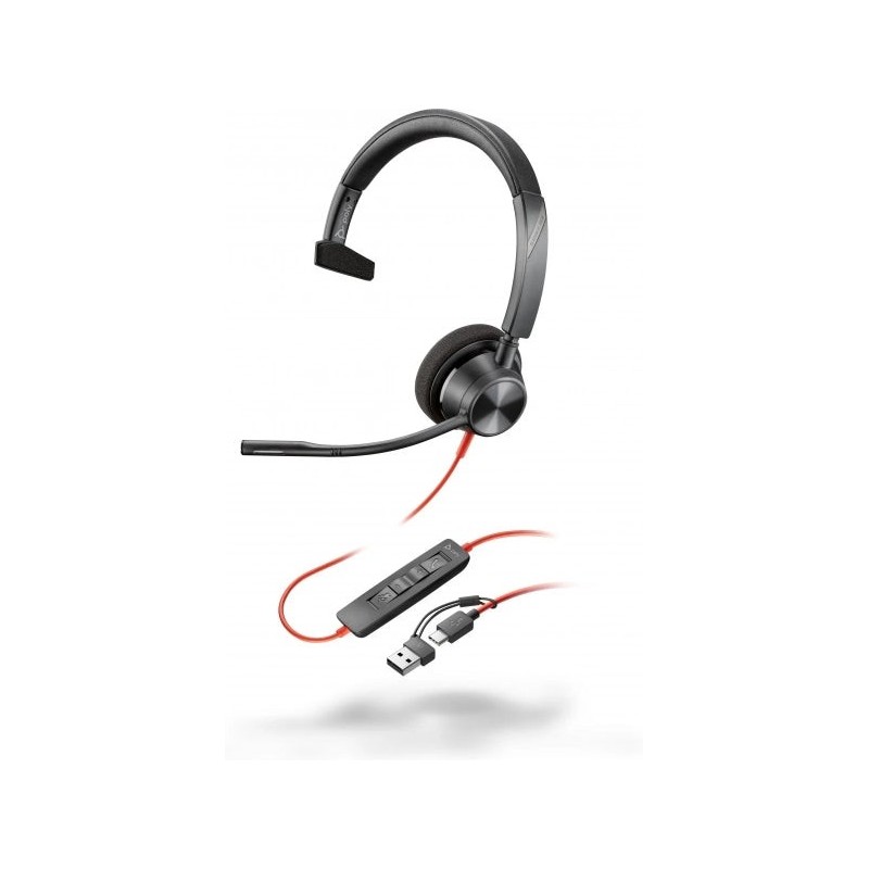 HP Poly Blackwire 3310 USB-C Auricular Monoaural con Microfono - Almohadilla Acolchada - Controles en Cable - Incluye Adaptador
