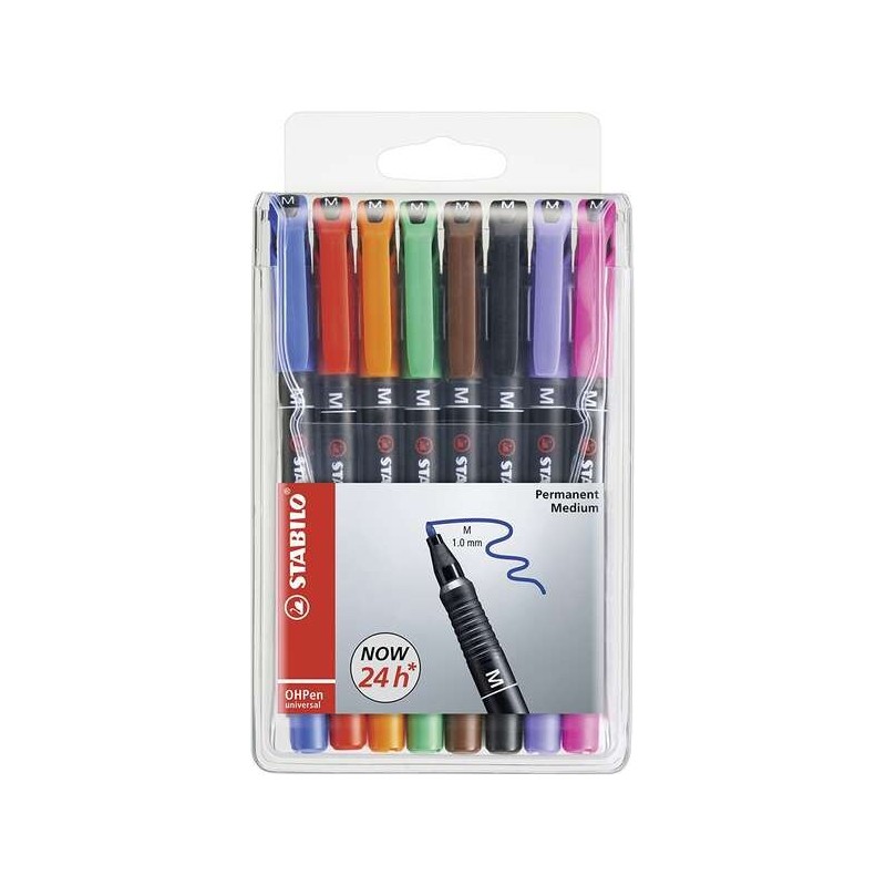 Stabilo OHPen Pack de 8 Rotuladores Permanentes - Punta Media - Trazo de 1mm - Agarre Antideslizante - Tapon Ventilado