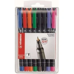 Stabilo OHPen Pack of 8 Permanent Markers - Superfine Tip - 0,4mm Line - Non-Slip Grip - Vented Cap - Assorted Colors