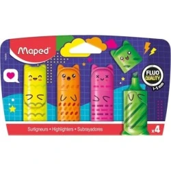 Pack Kawaii Maped avec 4 Mini Feutres Fluorescents Néon - Designs Fun Kawaii - Trait de 1 à 5mm - Idéal pour Souligner et