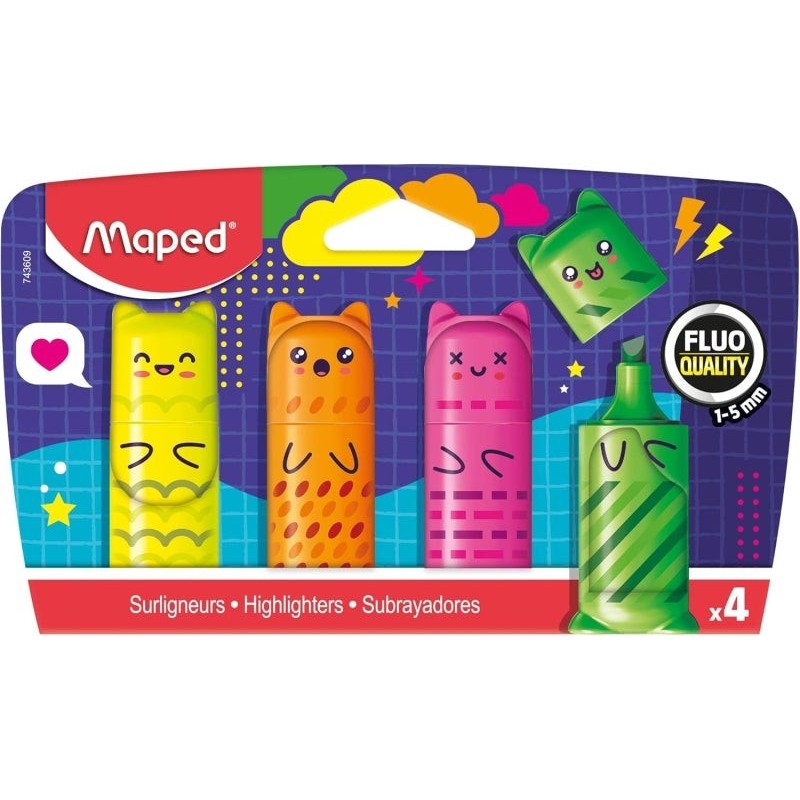 Pacote Kawaii Maped com 4 Mini Marcadores Fluorescentes Neon - Desenhos divertidos Kawaii - Linha de 1 a 5mm - Ideal para