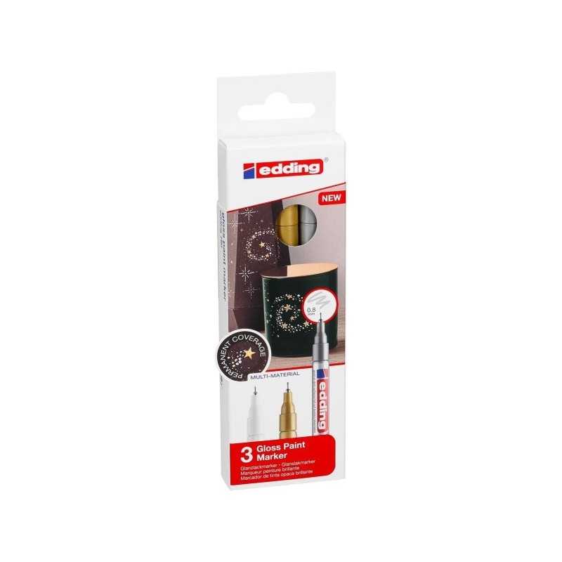 Edding 780 Pack de 3 Marcadores Permanentes de Tinta Opaca - Ponta Redonda - Traço 0.8mm - Pontas de Substituição Disponíveis