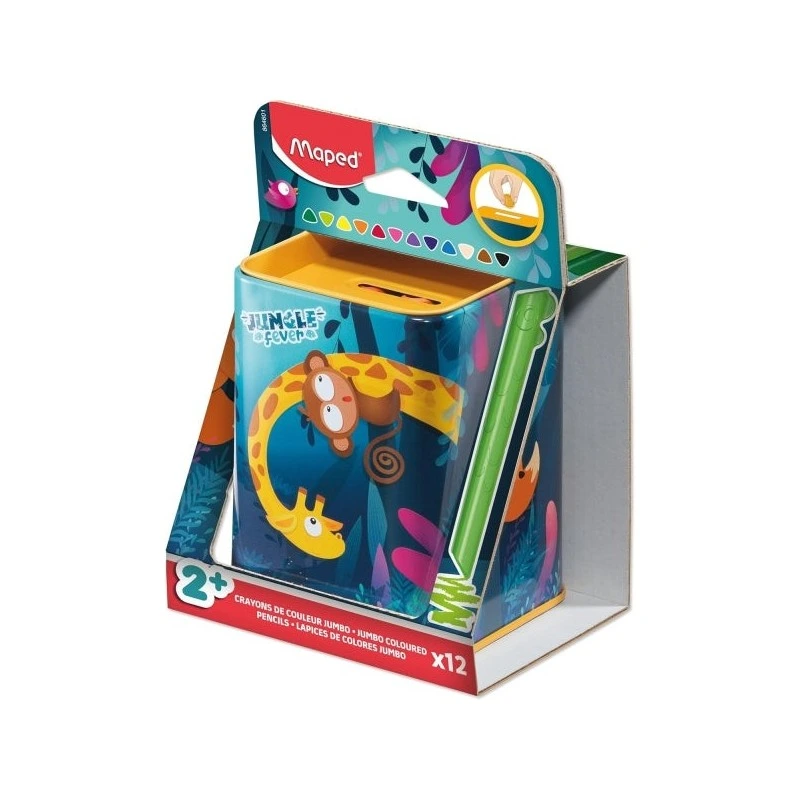 Maped Color'Peps Infinity Jumbo Jungle Boîte en métal avec 12 crayons de couleur longue durée - La boîte a une fonction
