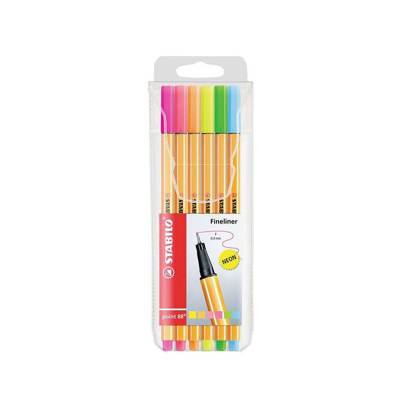 Stabilo Point 88 Pack of 6 Fine Fibre-Tip Pens - 0.4mm Line - Water-Based Ink - Assorted Neon Colours