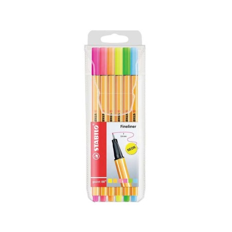 Stabilo Point 88 Pack of 6 Fine Fibre-Tip Pens - 0.4mm Line - Water-Based Ink - Assorted Neon Colours