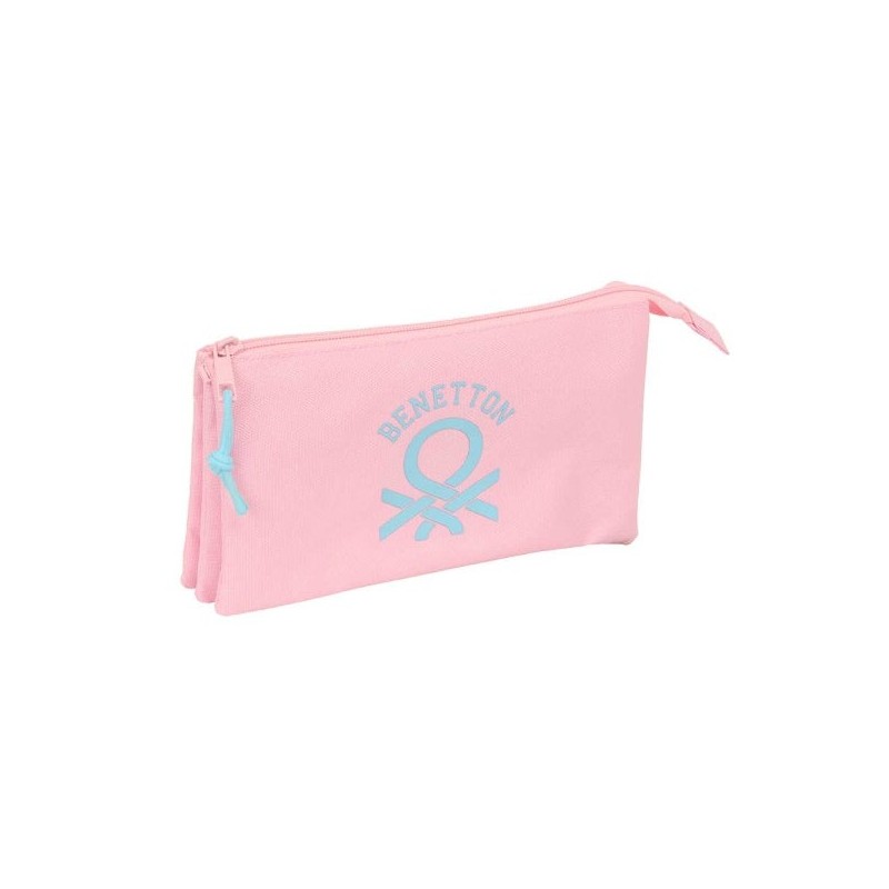 Estojo Safta Benetton Basics - 3 Compartimentos com Zíperes - Bolso Interior - 0,6L - 220x30x120mm - Cor Rosa Pastel