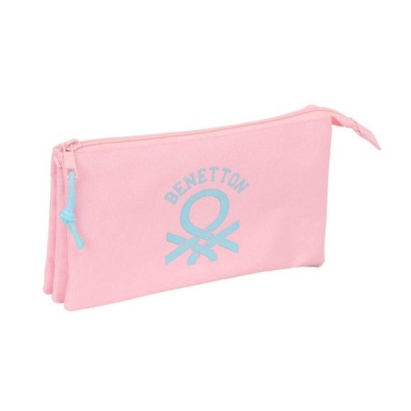 Estojo Safta Benetton Basics - 3 Compartimentos com Zíperes - Bolso Interior - 0,6L - 220x30x120mm - Cor Rosa Pastel