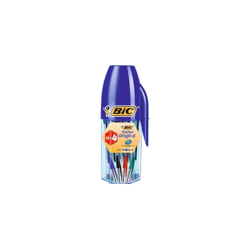 Bic Cristal Original Megatubo con 16+4 Gratis Boligrafos de Bola - Punta redonda de 1mm - Trazo 0.4mm - Tinta con Base de