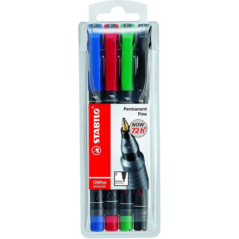 Stabilo OHPen Pack de 4 Rotuladores Permanentes - Punta Fina - Trazo de 0.7mm - Agarre Antideslizante - Tapon Ventilado