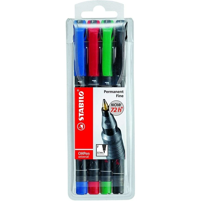 Stabilo OHPen Pacote de 4 marcadores permanentes - Ponta fina - Linha de 0,7 mm - Punho antiderrapante - Tampa ventilada
