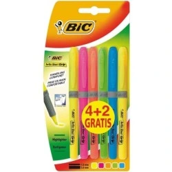 Bic Brit Liner Grip 4+2 Pack de 6 Marcadores Fluorescentes - Tinta à Base de Água - Ponta Biselada - Traço entre 1.60 e 3.30mm
