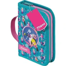 Trousse Maped Tropical avec 31 articles : gomme, taille-crayon, crayon graphite HB, 2 stylos, règle, 12 crayons de couleur, 12