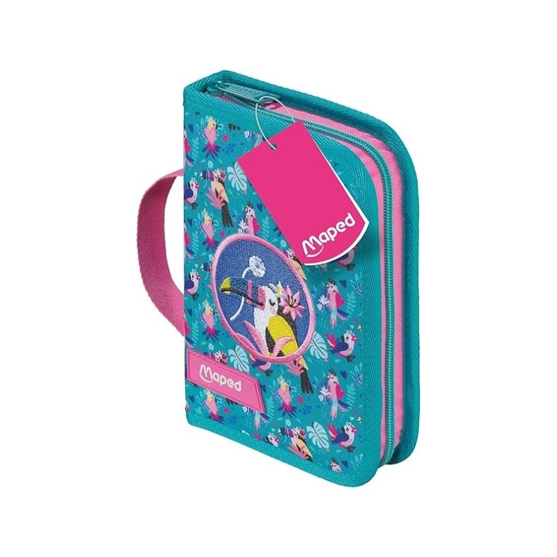 Trousse Maped Tropical avec 31 articles : gomme, taille-crayon, crayon graphite HB, 2 stylos, règle, 12 crayons de couleur, 12