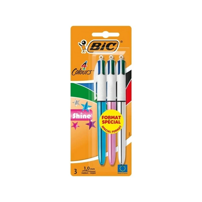 Bic 4 Colours Shine Pack de 3 Boligrafos de Bola Retractil - Punta de 1mm - Trazo de 0.4mm - Tinta con Base de Aceite - Cuerpo